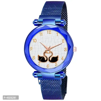 Stylish Blue Magnetic Mesh Metal Strap Analog Watches For Women