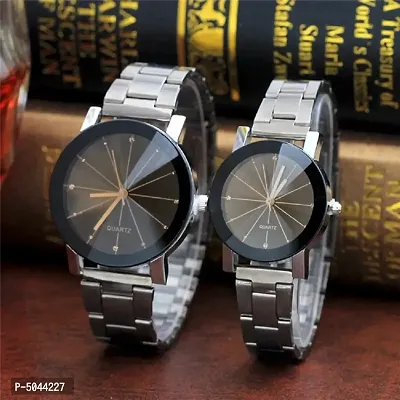 New Stylish Metal Strep Black Couple Analog Watch Quarts Movement Fast Selling Amazing Analog Watch For Couples Style Black Dial Crystal Glass Steel Belt Analog Watch || Combo of 2 ||