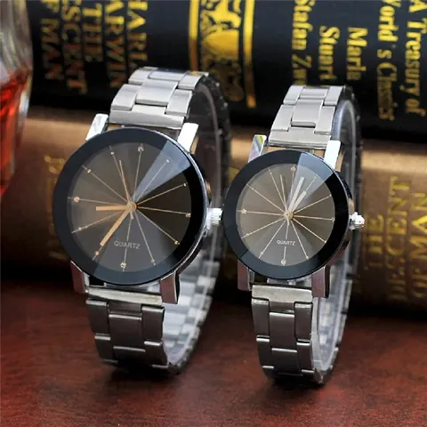 New Stylish Metal Strep Couple Analog Watch Quarts Movement Fast Selling Amazing Analog Watch For Couples Style Dial Crystal Glass Belt Analog Watch || Combo of 2 ||