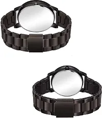 New Stylish Metal Strep Black Couple Analog Watch Quarts Movement Fast Selling Amazing Analog Watch For Couples Style Black Dial Crystal Glass Steel Belt Analog Watch || Combo of 2 ||-thumb1