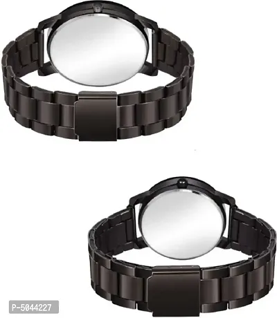 New Stylish Metal Strep Black Couple Analog Watch Quarts Movement Fast Selling Amazing Analog Watch For Couples Style Black Dial Crystal Glass Steel Belt Analog Watch || Combo of 2 ||-thumb2