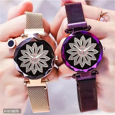 New Latest  Designer collection premium quality combo Pack-02  Gold  Purple Analog Fashion Female Clock with Magnetic Chain Belt Analog Stylish Watch New Model Analog Watch - For Girls women-thumb0