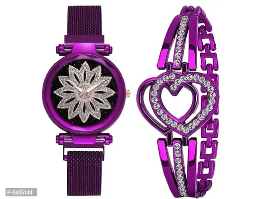 New Laxurius Looking 2021 Starry Sky Magnetic Purple Unique Dial Watch  New Flower design Love heart design   bracelet Combo Set Of 2 Watch With Bracelet Combo Luxury Magnet Metal   Mesh Strap  Buckle