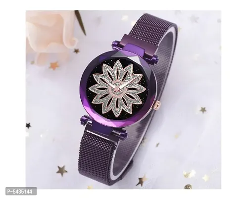 New Laxurius Looking 2021 Starry Sky Magnetic Purple Unique Dial Watch  New Flower design Love heart design   bracelet Combo Set Of 2 Watch With Bracelet Combo Luxury Magnet Metal   Mesh Strap  Buckle-thumb3