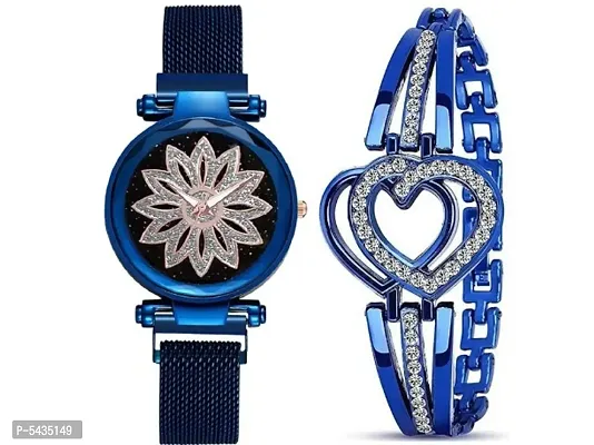 New Laxurius Looking 2021 Starry Sky Magnetic Blue Unique design  Dial Watch  Love heart design   bracelet Combo Set Of 2 Watch With Bracelet Combo Luxury Magnet Metal   Mesh Strap  Buckle  Magnet Sty