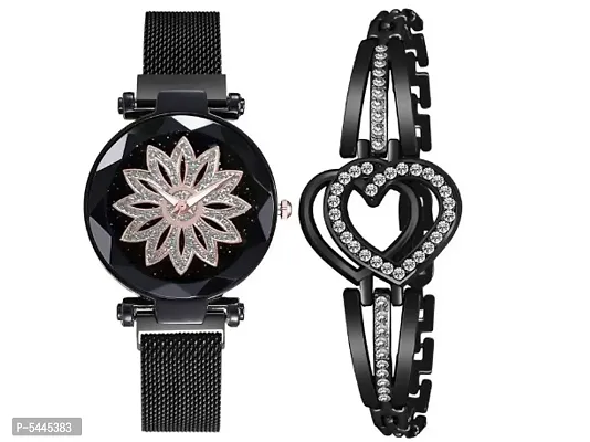 New stylish Luxury  Looking Black Magnetic Watch  Bracelet Analogue Quartz Style Belt Wrist Girl Women Ladies watch with Bracelet Premium Design Diamond  Bracelet Combo Pack of 2 Girls Women Watches M-thumb0