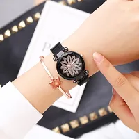 New stylish Luxury  Looking Black Magnetic Watch  Bracelet Analogue Quartz Style Belt Wrist Girl Women Ladies watch with Bracelet Premium Design Diamond  Bracelet Combo Pack of 2 Girls Women Watches M-thumb2