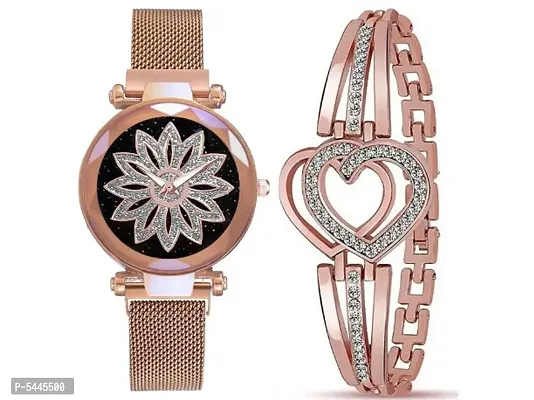 New stylish Luxury  Looking Rose Gold Magnetic Watch  Bracelet Analogue Quartz Style Belt Wrist Girl Women Ladies watch with Bracelet Premium Design Diamond  Bracelet Combo Pack of 2 Girls Women Watch-thumb0