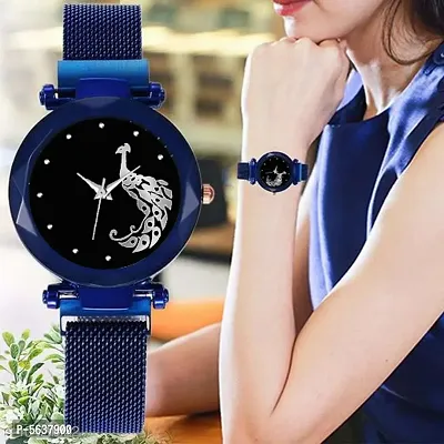 New Fancy Bracelet Blue peacock Dial Women Watches Ladies Wristwatch for Girls Analog Fashion Female Clock Gift Starry Sky Magnetic Watch with Magnet Mash Strap Stylish Girls Watch for Women 2021 Ana