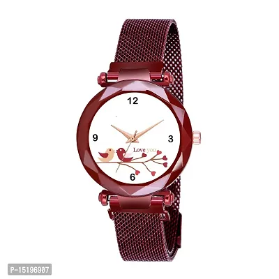 Luxury New Collection  Beautiful Maroon Love Design Girls Fashion Magnet belt Analog  wrist Watch For women-thumb0