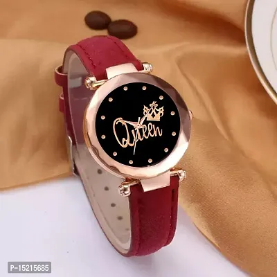 Stylish Latest Cut Glass Queen Dial red Leather Strap  Women's Analog Watch For Girls