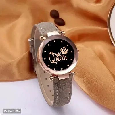 Stylish Latest Cut Glass Queen Dial Grey Leather Strap  Women's Analog Watch For Girls   GL Qween RED