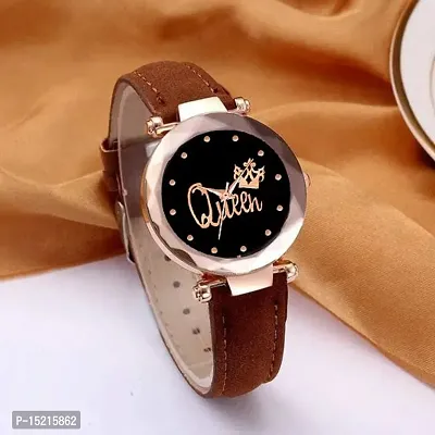 Stylish Latest Cut Glass Queen Dial Brown Leather Strap  Women's Analog Watch For Girls   GL Qween RED-thumb0