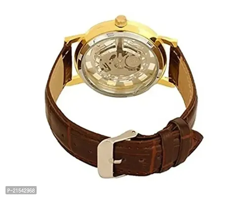 New Top Brand Luxury Transparent Golden Case hollow background Skeleton Leather Strap Mens Analog Mechanical Watches-thumb2