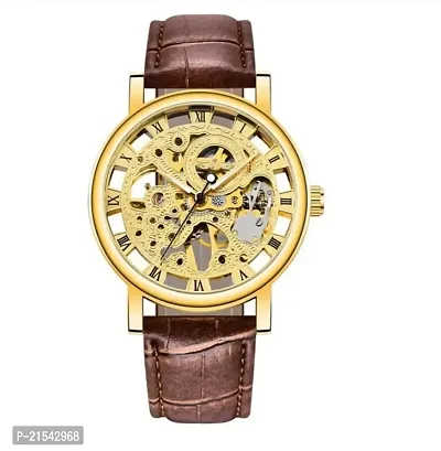 New Top Brand Luxury Transparent Golden Case hollow background Skeleton Leather Strap Mens Analog Mechanical Watches-thumb3
