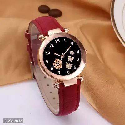 New Stylish Trendy Rich Look Red Designer  Butterfly Dial Girls Leather belt Latest new fashionable Analog watch for women-thumb0