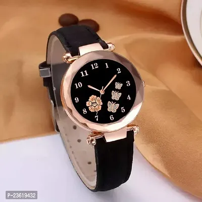 New Stylish Trendy Rich Look Black Designer  Butterfly Dial Girls Leather belt Latest new fashionable Analog watch for women