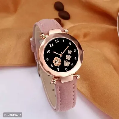 New Stylish Trendy Rich Look Pink Designer  Butterfly Dail Girls Leather belt Latest new fashionable Analog watch for women-thumb0