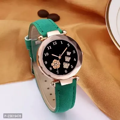 New Stylish Trendy Rich Look Green Designer  Butterfly Dail Girls Leather belt Latest new fashionable Analog watch for women