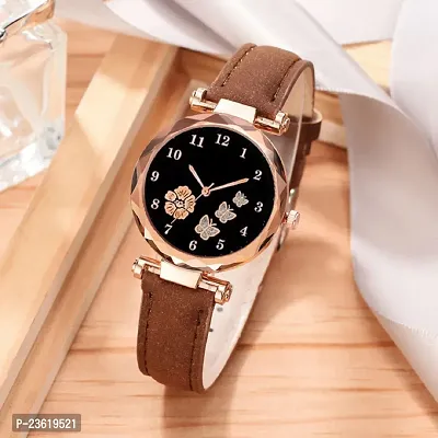 New Stylish Trendy Rich Look Brown Designer  Butterfly Dail Girls Leather belt Latest new fashionable Analog watch for women-thumb0