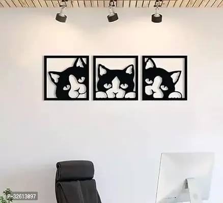 MM Cute 3 Cats black designed wood wall art wall hanging decor -3 Pcs, 8 Inch-thumb0