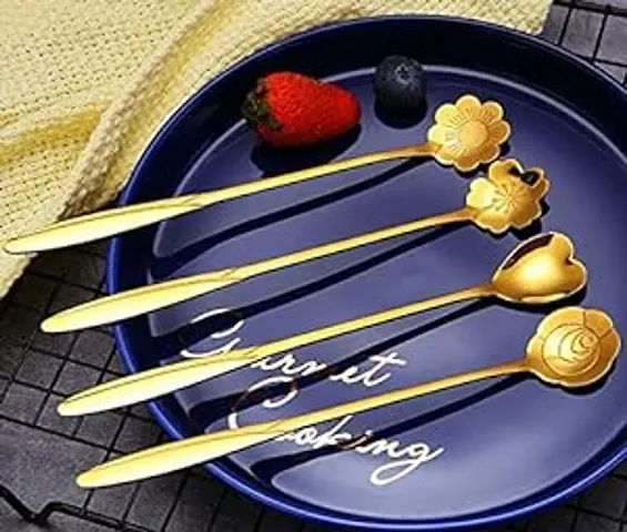 Golden Spoon Set Coffee Spoon Dessert Spoons Cutlery Kitchen Tableware Stainless Steel Gold Different Shape Coffee Spoons Set of 4 Pcs