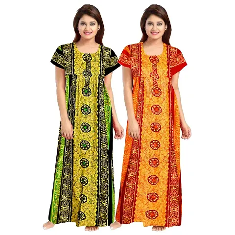 Women Cotton Printed Night Gown - Pack Of 2