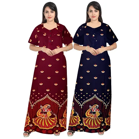 KHUSHI PRINT Attractive Women's 100% Cotton Printed Nightwear Maternity Half Sleeves Maxi Gown Nightdresses (Combo Pack of 2)