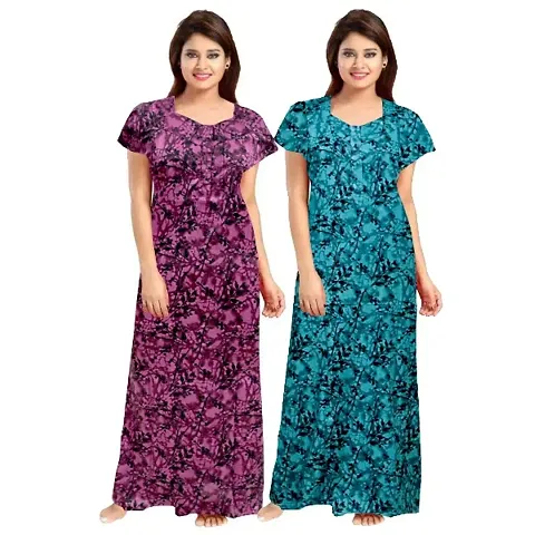 Pack Of 2 Women Fashionable Cotton Printed Front Zipper Half Sleeve Maxi/Nighty/Gown