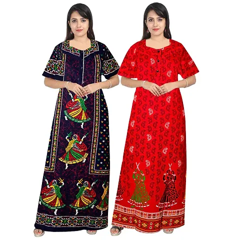 jwf Jaipuri Cotton Printed Maternity Front Zipper Full Length Maxi Nighty Gown (Pack of 2)