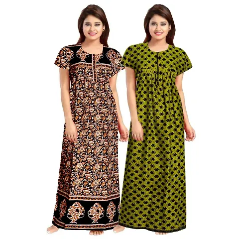 Pack Of 2 Women Fashionable Cotton Printed Front Zipper Half Sleeve Maxi/Nighty/Gown