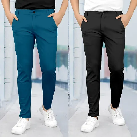 Stylish Fancy Lycra Solid Regular Trousers For Men Pack Of 2