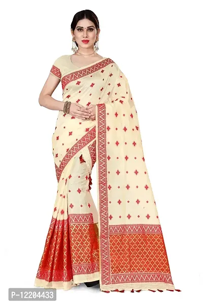 S Kiran's Women's Plain Weave Art Silk Saree With Un-Stitched Blouse Piece (ADDn18CreamRed_Multicolored)-thumb0