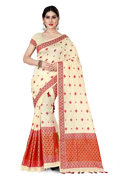 S Kiran's Women's Plain Weave Art Silk Saree With Un-Stitched Blouse Piece (ADDn18CreamRed_Multicolored)