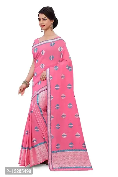 S Kiran's Women's Plain Weave Cotton Blend Saree With Blouse Piece (Cotton8188Pink_Multicolor)-thumb2