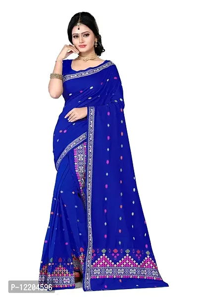 S Kiran's Women's Plain Weave Cotton Saree with Blouse Piece ( Royal Blue)-thumb0