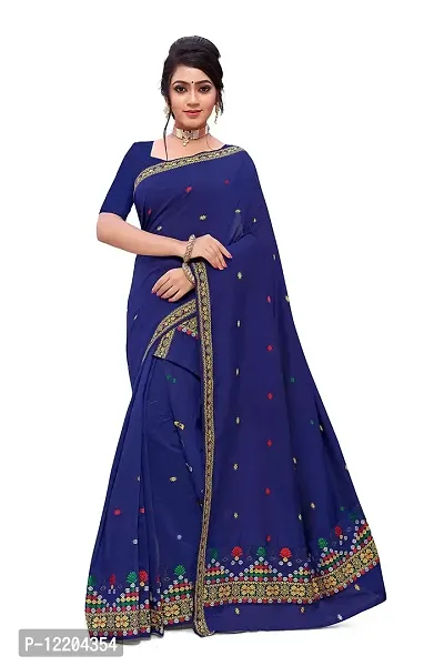 S Kiran's Women's Plain Weave Cotton Blend Mekhela Chador Saree With Blouse Piece (ADDn17Nblue_Multicolour)-thumb0