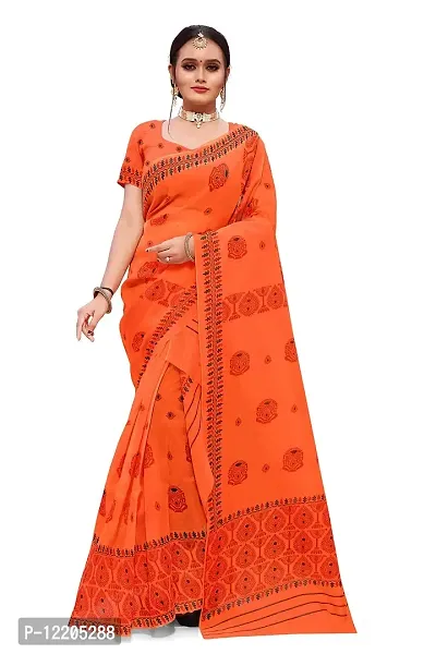 S Kiran's Women's Plain Weave Organza Saree With Blouse Piece (PrintDn4471Orange_Multicolour)-thumb0