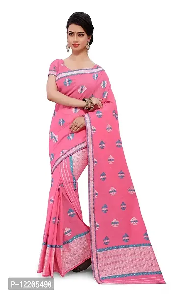 S Kiran's Women's Plain Weave Cotton Blend Saree With Blouse Piece (Cotton8188Pink_Multicolor)-thumb0