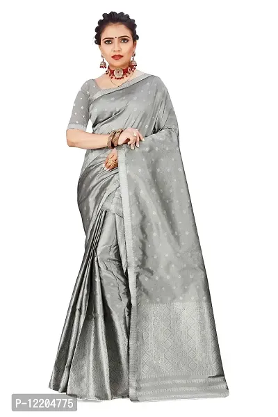 S Kiran's Women's Plain Weave Art Silk Saree With Blouse Piece (PolyBlack5157White_ Grey)