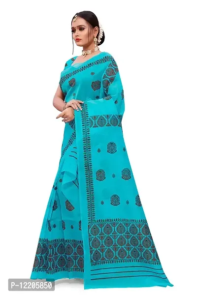 S Kiran's Women's Plain Weave Organza Mekhela Chador With Blouse Piece (PrintDn4471Firozi_Multicolour)-thumb3