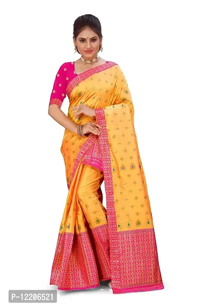 SKiran's Assamese Machine-Weaving Mix Patt Mekhela Chador Saree - Dn6193 Mekhla Sador (Gold and Rani)-thumb0