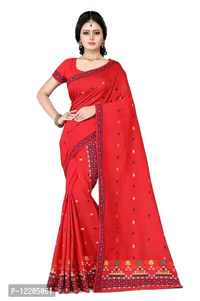 S Kiran's Women's Cotton Blend Plain weave Mekhela and Chador Saree with Blouse (Red)