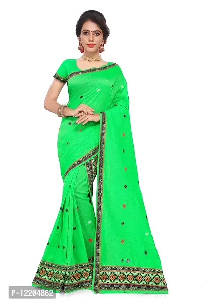 S Kiran's Women's Cotton Saree With Unstitched Blouse Piece, Unstitched Mekhela & Chador (ADDn5Pgreen_Green)