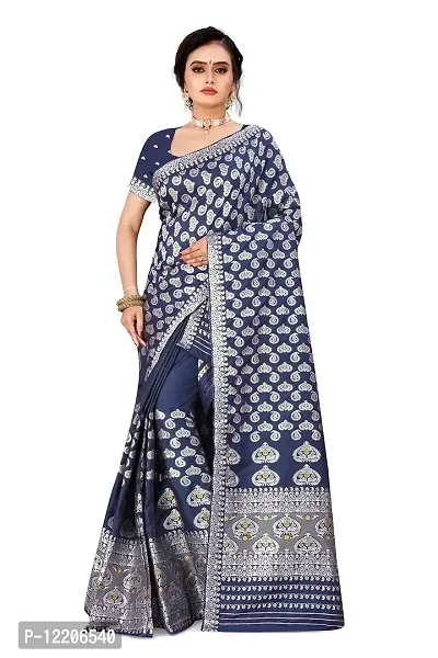 SKiran's Assamese Machine-Weaving Mixpat Mekhela Chador Saree - Silver Jari Dn1132 Mekhla Sador (Navy Blue)-thumb0