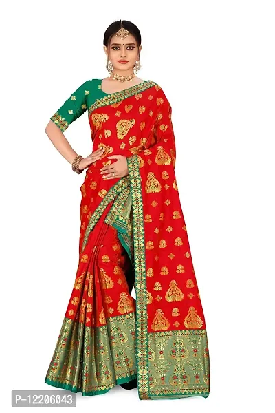 SKiran's Assamese Machine-Weaving Poly Silk Mekhela Chador Saree - Dn1150 Mekhla Sador (Red and Green)-thumb0