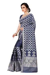 SKiran's Assamese Machine-Weaving Mixpat Mekhela Chador Saree - Silver Jari Dn1132 Mekhla Sador (Navy Blue)-thumb1