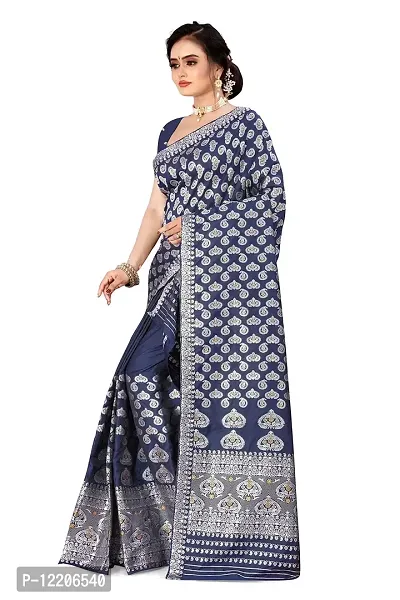 SKiran's Assamese Machine-Weaving Mixpat Mekhela Chador Saree - Silver Jari Dn1132 Mekhla Sador (Navy Blue)-thumb2