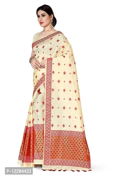 S Kiran's Women's Plain Weave Art Silk Saree With Un-Stitched Blouse Piece (ADDn18CreamRed_Multicolored)-thumb2