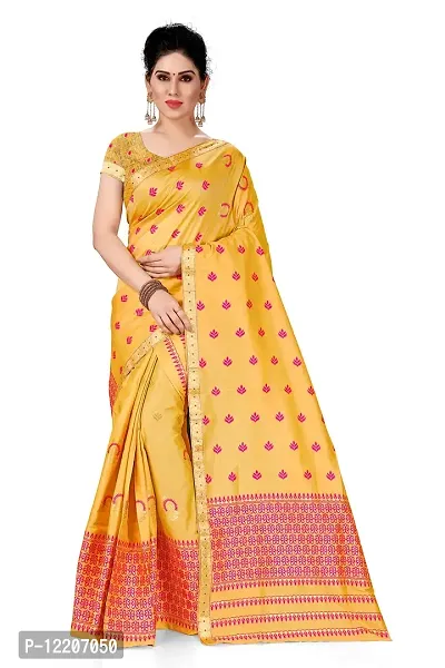 S Kiran's Women's Assamese Poly Silk Mekhela Chador Saree (Yellow)